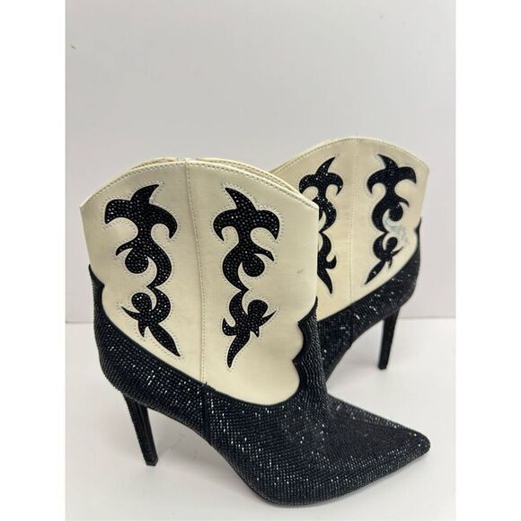 INC Cowboy‎ Boots Size 9.5 Black Cream Embellished Western High Heel Booties - Picture 9 of 11